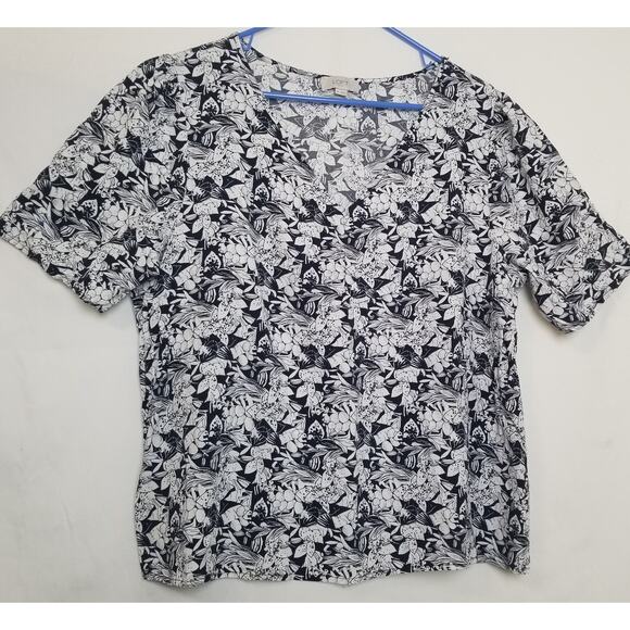 Loft Outlet Blue & White Tunic V-Neck Short Sleeve Floral Print 100% Rayon Sz XL - Picture 1 of 7